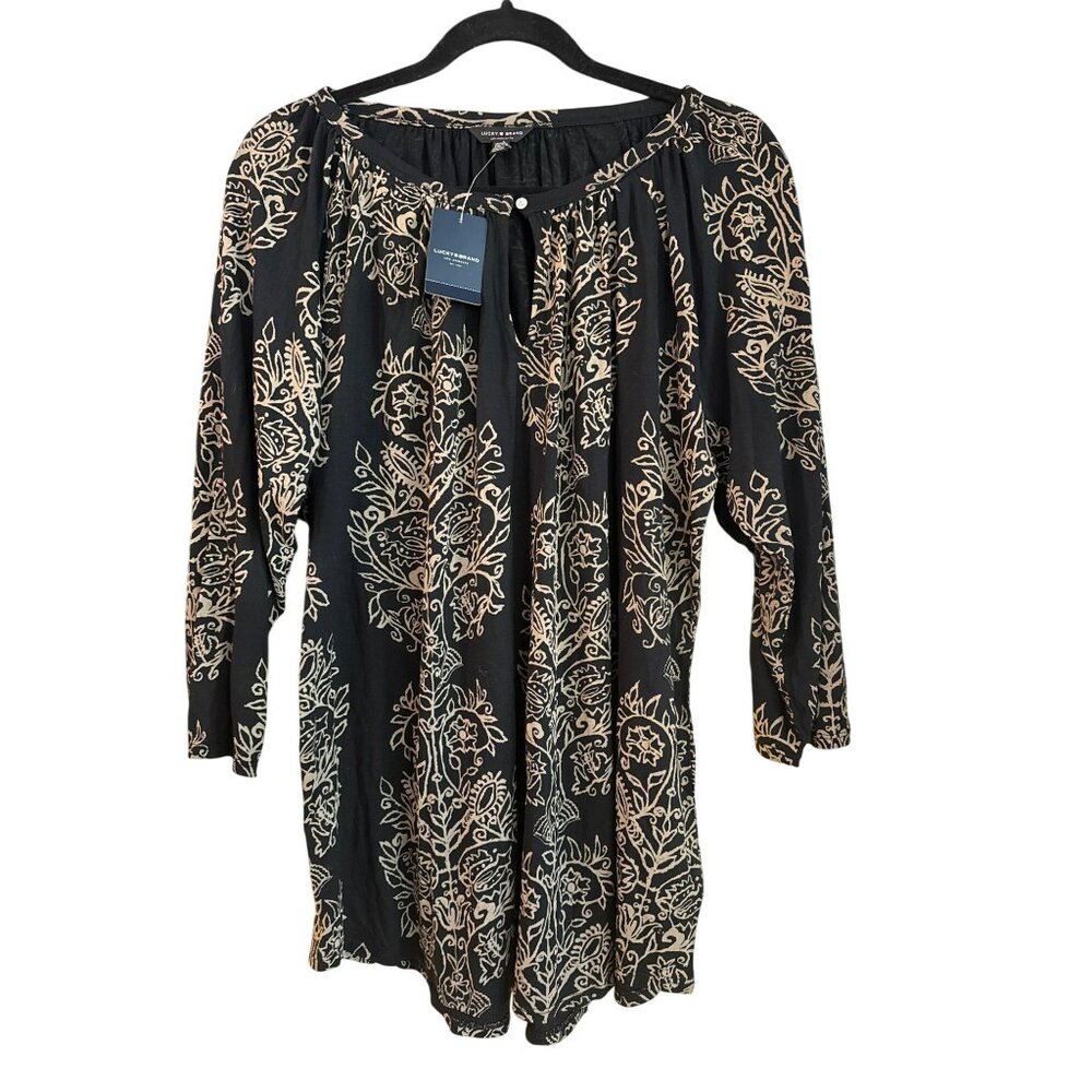 Lucky Brand Womens 1X Black & Beige Floral Print Viscose Blouse Boho Stretch NWT